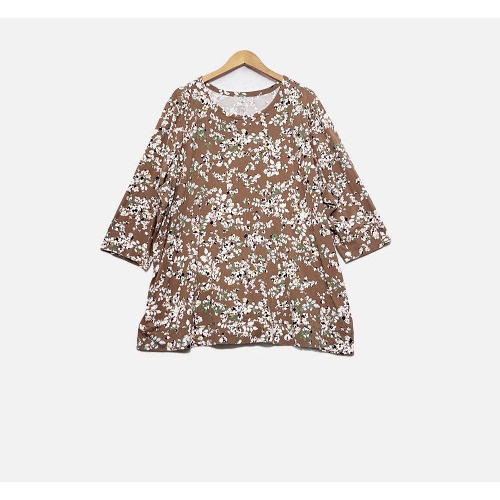 J Jill Top Womens 4X Luxe Supima Crew Neck Tunic Brown Floral Artsy Garden Modal